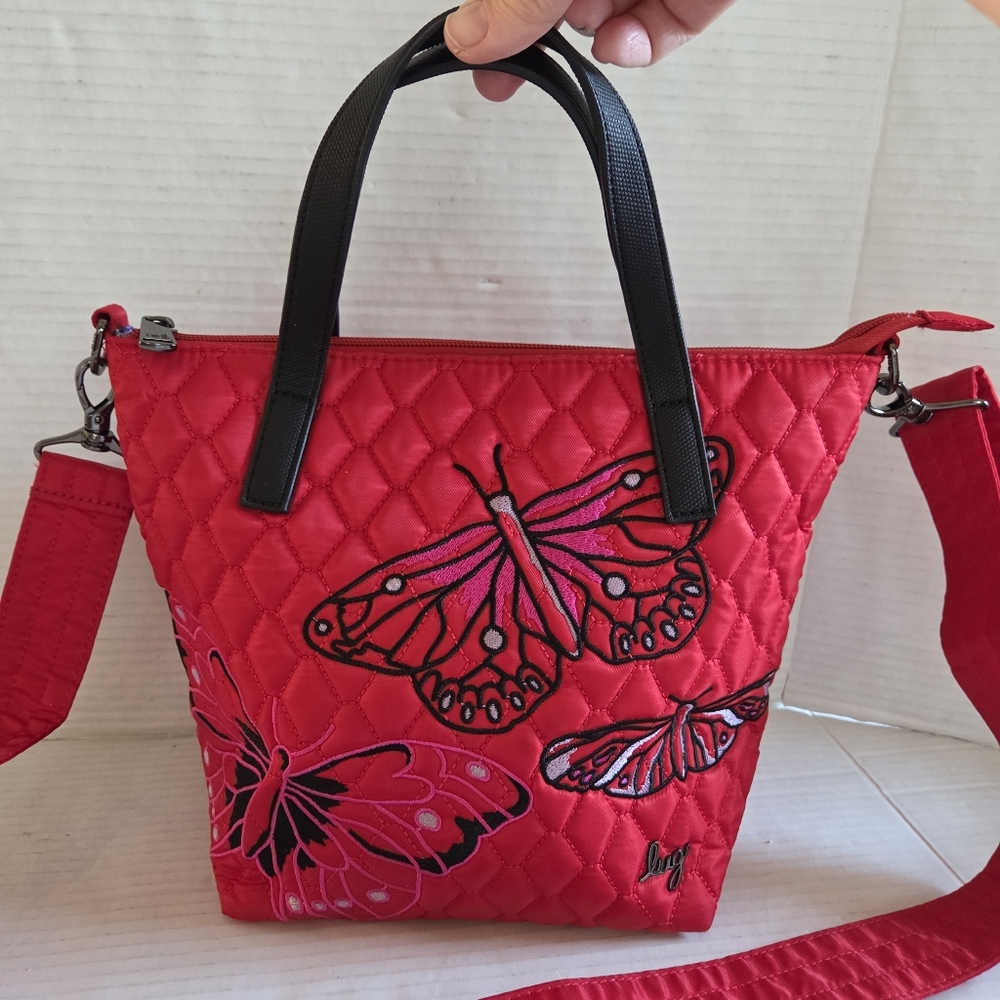 LUG Sprinkler Crossbody Bag with Butterfly Embroidery Poppy Red Handbag Designer